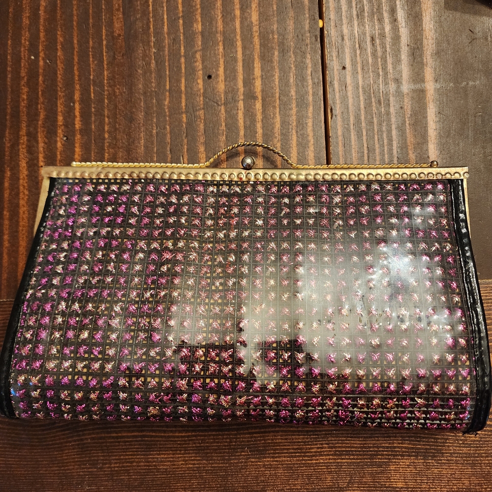 Vintage clear vinyl clutch purse with embedded iridescent sequins